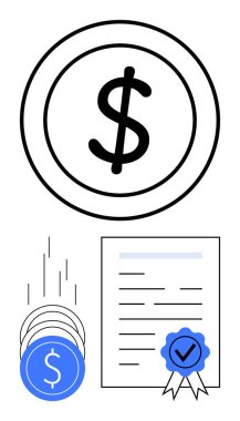 Para içinde dolar işareti, bozuk paralar ve kurdeleyle onaylanmış belge. Finans, bankacılık, yatırımlar, ekonomi, sertifikalar için ideal mali politikalar. Satır metaforu