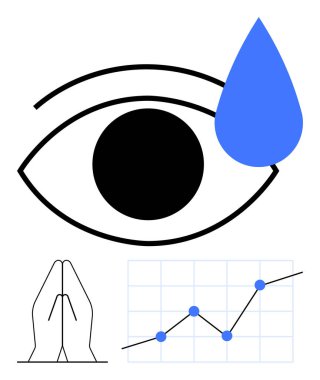 Dua eden ellerin ve yükselen trend çizelgesinin üzerinde mavi gözyaşları dökülüyor. Duygu, ilerleme, veri, inanç, psikoloji, kişisel büyüme ve soyut düz metafor için ideal