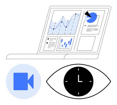 Laptop screen with analytical charts and graphs, circular video call icon, eye symbol, and clock. Ideal for analytics, video conferencing, monitoring, time management, productivity UX abstract line clipart