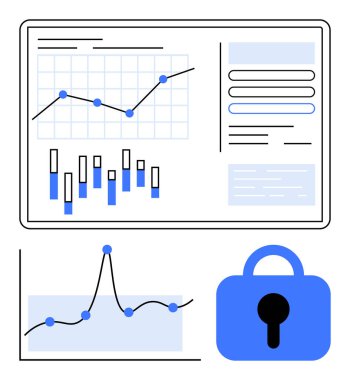 Grafikler, veri güvenliğini sembolize eden bir kilit sembolü ile eşleştirilmiş çizgi ve çubuk grafikleri. Analiz, veri koruması, iş zekası, siber güvenlik, gizlilik, istatistik ve finans için ideal. Çizgi