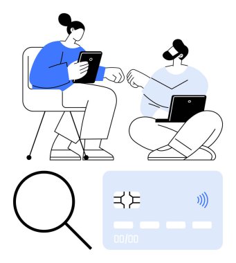 Tabletli iki figür kredi kartı ve büyüteç yanında yumruk tokuşturuyor. Takım çalışması, dijital ödemeler, işbirliği, fintech, çevrimiçi güvenlik, işlemler, soyut çizgi düz metaforu için ideal