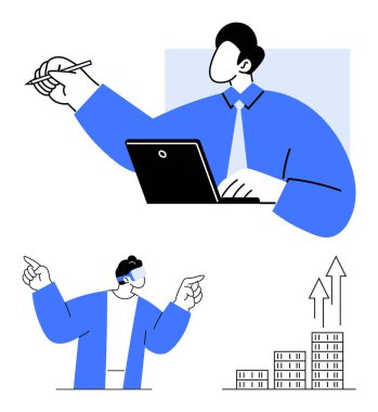 İnsanlar yazı yazıyor, dizüstü bilgisayarlarda plan yapıyor, yön tarifi yapıyor ve büyüme grafikleri sunuyorlar. Takım çalışması, üretkenlik, liderlik, planlama, hedef belirleme performans takibi için ideal soyut çizgi