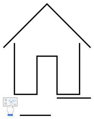 Minimalist ev hatlarının altındaki dokunma paneliyle el etkileşimi akıllı ev otomasyonunu sembolize eder. Teknoloji, yenilik, ev güvenliği, IOT, enerji yönetimi, modern yaşam, soyut