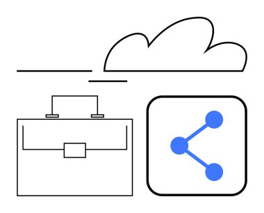 Bulut, evrak çantası ve paylaşım simgesi bağlantı, dosya paylaşımı ve iş çözümlerini temsil ediyor. Bulut depolama, çevrimiçi işbirliği, dijital araçlar, uzaktan çalışma teknolojisi veri değişimi için ideal