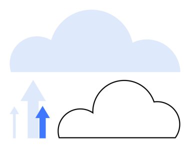 Bulut şekilleri ve yukarı doğru oklar veri transferini ve bulut hesaplamasını temsil ediyor. Teknoloji, veri depolama, bilişim hizmetleri, dijital dönüşüm, uzaktan çalışma, internet hizmetleri, iş