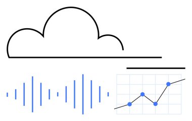 Ses dalgalarının üzerinde minimalist bulut anahatları ve düğümlü çizgi grafikleri. Teknoloji, veri analizi, bulut depolama, dijital iletişim, AI, IOT, soyut düz metafor için ideal