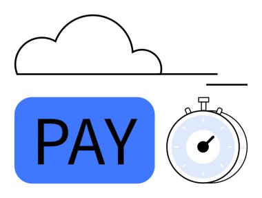 Bulut simgesi, kalın ödeme tuşu ve kronometre hızlı, çevrimiçi ödemeler ve verimliliği simgeler. Fintech, zaman yönetimi, e-ticaret, otomasyon, dijital bankacılık verimliliği ve soyut çizgi için ideal