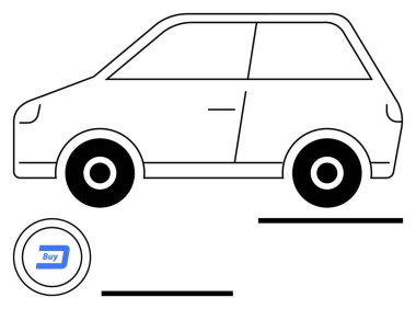 Minimalist car outline paired with digital Buy button highlighting online car shopping. Ideal for automotive e-commerce, digital commerce, mobility, transportation tech, convenience, innovation clipart