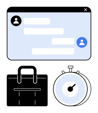 Mesajlaşma penceresi, evrak çantası ve kronometre verimliliği, organizasyonu ve iletişimi vurguluyor. Takım çalışması, verimlilik, teslim tarihleri, iş-yaşam dengesi proje yönetimi için ideal modern