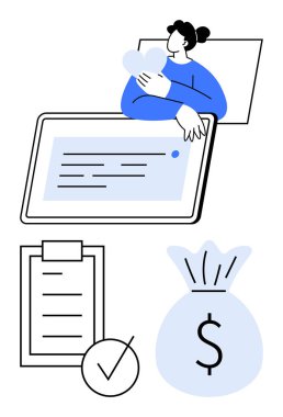 Kalbi belgelerle elinde tutan kadın, işaretli pano, ve dijital çözümleri temsil eden para çantası, finansal planlama, hayır kurumları. İş için ideal, kişisel finans, hedefler