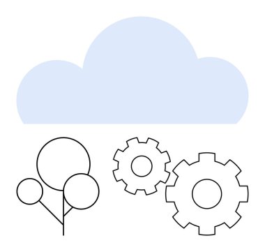 Üzerinde stilize bir ağaç olan büyük bir bulutun altında dişli tekerlekler. Teknoloji, bulut hesaplama, çevresel sürdürülebilirlik, çevre dostu teknoloji, yenilik, sanayi, çevre