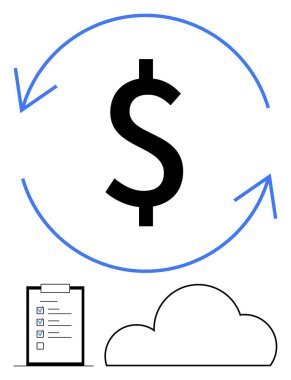 Akış, kontrol listesi ve bulut simgesini gösteren kavisli oklarla dolar işareti. Mali planlama, yatırım, iş stratejisi, bulut çözümleri, ekonomi ve veri yönetimi ilerlemesi için ideal