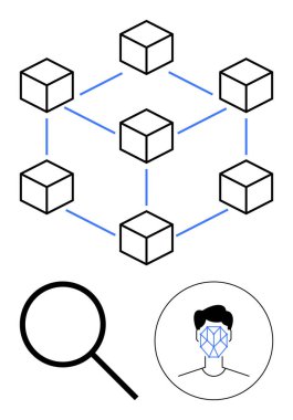 Birbirine bağlı küpler blok zinciri oluşturuyor, büyüteç, aramayı sembolize ediyor, yüz tanıma sistemi bir yüzü örtüyor. Teknoloji, güvenlik, veri analizi, kimlik doğrulama, yapay zeka için ideal