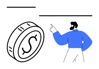 Mavi gömlekli adam büyük bir madeni paranın yanında uzayı işaret ediyor. Finans, zenginlik planlaması, tasarruf, yatırım stratejileri, ekonomik kalkınma, iş büyümesi, soyut çizgi düz metafor için ideal