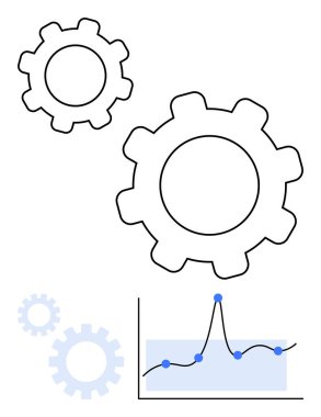 İki büyük vites, daha küçük soluk dişliler ve bir çizgi grafiği mekanik ve analitik arasında sinerji olduğunu gösteriyor. Mühendislik, veri analizi, optimizasyon, teknoloji, üretkenlik, yenilik için ideal