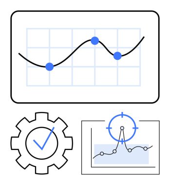 Veri noktalı çizgi grafiği, hedef odaklama simgesi ve işaretli teçhizat. Analiz, hedefler, ilerleme takibi, teknoloji stratejisi, iş optimizasyonu, verimlilik soyut metaforu için ideal