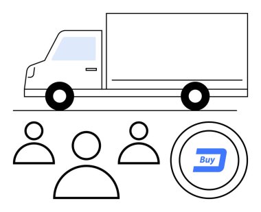 Kamyon lojistiği sembolize eder, insanlar müşteri ya da işgücü önerir, düğme çevrimiçi satın almayı temsil eder. E-ticaret, tedarik zinciri, çevrimiçi alışveriş, müşteri hizmetleri, lojistik, ulaşım için ideal