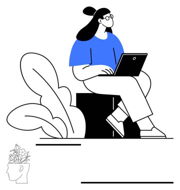 Dizüstü bilgisayarlı bir kadın, soyut yeşillikle çevrili, odaklanmayı ve yaratıcılığı sembolize ediyor. İş-yaşam dengesi, üretkenlik, farkındalık, yenilik, uzak çalışma, kendi kendini yetiştirme soyutlaması için ideal