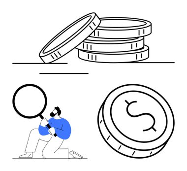 Yığınla bozuk para, diz çöken insan, büyük büyüteçle, dolar işaretli bozuk para. Finans, yatırım, tasarruf, ekonomi, zenginlik yönetimi para birimi analizi için ideal. Satır metaforu