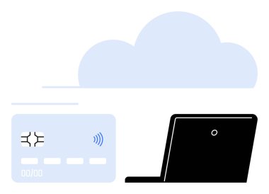 Temassız kredi kartı, dizüstü bilgisayar ve dijital ödemeleri simgeleyen bulut. Fintech çözümleri, çevrimiçi ticaret, güvenlik teknolojisi, bulut hizmetleri, bankacılığın geleceği, ulaşılamaz