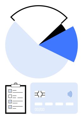 Mavi ve siyah bölümlü pasta tablosu, panoda bir kontrol listesi ve ödeme kartı. Analiz, finans, işlemler, planlama, bütçe, ödeme modern teknoloji soyut hattı için ideal