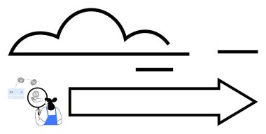 Mavi önlüklü kadın, sağ taraftaki ok ve bulutun yanında düşünce unsurlarıyla strateji kuruyor. İş planlaması, hedef belirleme, beyin fırtınası, gelecek yön, yaratıcılık, üretkenlik için ideal