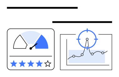 Hız göstergesi performansı gösteriyor, beş yıldızlı derecelendirme sistemi, hedef simgesi olan çizgi grafiği. Performans analizi, reyting, istatistik, kullanılabilirlik testi, müşteri geribildirimi, izleme için ideal
