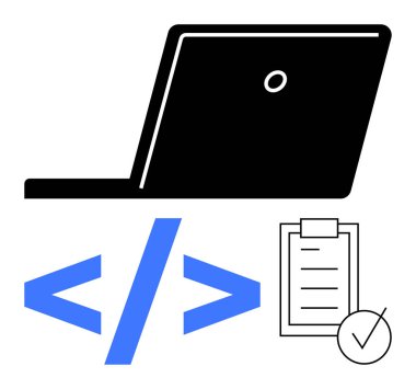Laptop silueti, kodlama parantezleri, işaretli kontrol listesi. Kodlama, yazılım geliştirme, üretkenlik, proje yönetimi, teknik görevler, yenilik ve soyut çizgi düz metaforu için ideal