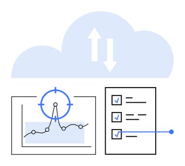 Grafik, büyüteç ve kontrol listesine bağlı çift yönlü okları olan bir bulut. Veri senkronizasyonu, analitik, planlama, ilerleme izleme, bulut çözümleri, proje yönetimi soyut çizgisi için ideal