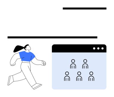 Tarayıcı penceresinin yanında hareket eden kadın, takım çalışmasını, çevrimiçi işbirliğini, ağ oluşturmayı veya üretkenliği simgeleyen altı insan simgesi taşıyor. İş için ideal, uzaktan çalışma, HR, liderlik dijital