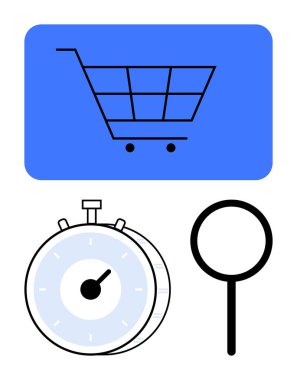 Alışveriş arabası sembolü, kronometre ve büyüteç birleşimi online alışveriş, hızlı kararlar ve hassas aramaları iletmek için. Ekommerce, verimlilik, arama, perakende teknolojisi için ideal