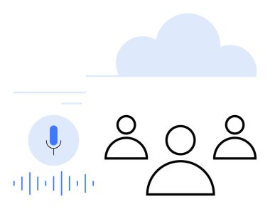 Ses dalgaları, minimalist kullanıcı simgeleri ve dijital ses teknolojisini temsil eden bulut sembollü mavi mikrofon simgesi. İletişim, işbirliği, uzak çalışma, podcastlar, ses paylaşımı için ideal