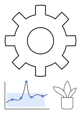 Dişliler çizgisi grafiği, potada bitkiler mevcut büyüme yenilikleri teknoloji entegrasyonu dengesi, doğa, başarı. İş için ideal, veri analizi, ekoloji, üretkenlik, mühendislik, strateji