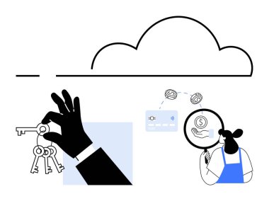 El ele tutuşmalar, bulutlar, finansal verileri analiz eden insanlar. Bulut bilgisayarı, siber güvenlik, veri koruması, mali yönetim, güvenli erişim, çevrimiçi işlemler dijital için ideal