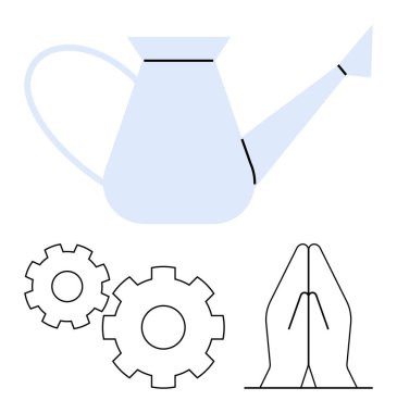 Watering can, two gear cogs, and praying hands. Ideal for growth, industry, spirituality balance sustainability teamwork mindfulness. Line metaphor. Line metaphor. Simple line icons clipart