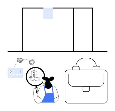 Ofis çalışanı dolar işaretini büyüteç, kredi kartı ve bozukluklarla yakından inceliyor. Yanında evrak çantası var. İş analizi, finans, muhasebe, işlemler ve planlama için ideal