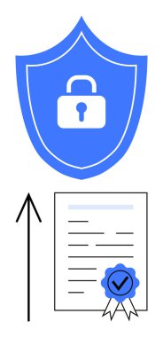Kilitli kalkan, tasdikli bir belgenin üzerinde kurdeleyle güvenliği simgeliyor. Siber güvenlik, veri koruması, uyum, sertifika, güvenli işlemler, kimlik doğrulama, gizlilik için ideal