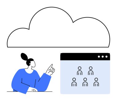 Kadın hareketleri bulut ve kullanıcı simgeleriyle kullanıcı arayüzüne doğru, bulut hesaplamasına, veri paylaşımına, uzak takım çalışmasına vurgu yapıyor. Dijital iletişim, ağ oluşturma, bulut depolama, çevrimiçi araçlar için ideal