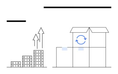 Tall buildings with upward arrows showing progress next to a box with a circular recycling icon. Ideal for commerce, logistics, sustainability, growth concepts, urban planning, eco-friendly clipart