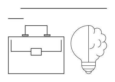 Çizgi resim çantasının yanında beyninde patlamış bir ampul var. Yaratıcılığı temsil ediyor. Girişimler için ideal, girişimcilik, problem çözme, liderlik, yenilik, kariyer, soyut düz çizgi
