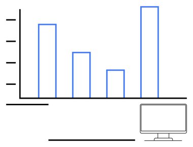 Bir bilgisayar monitörünün yanında değişik yüksekliklere sahip dikey bar tablosu. İş analizleri, teknik çözümler, performans analizleri, pazar eğilimleri, çevrimiçi eğitim, raporlar, soyut çizgi düz