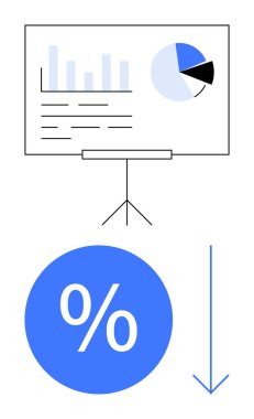 Projeksiyon ekranında finansal verilerle birlikte çubuk ve pasta grafikleri var. Aşağı doğru okun altında büyük bir yüzdelik sembol. Ekonomik düşüş, finansal kayıp, piyasa analizi ve ticari kriz için ideal