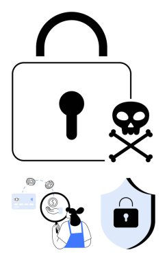 Kilitli asma kilit, kafatası ve çapraz kemikli uyarı sembolü, verileri analiz eden kadın ve asma kilit ikonlu kalkan. Siber güvenlik, veri koruması, İnternet güvenliği, risk yönetimi ve bilişim güvenliği için ideal