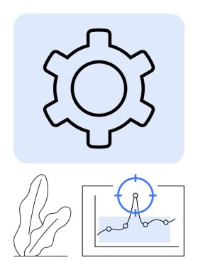 Dişlileri sembolize eden ayarlar ve optimizasyon, veri noktaları olan çizelge ve odaklanmak için işaretleyici, organik büyüme için minimum bitki. Teknoloji, planlama, yönetim, veri analizi, optimizasyon için ideal