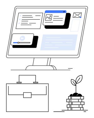 Masaüstü ekranında dosyalar, videolar ve e-posta gösteriliyor. İçinde bir evrak çantası ve bozuk paralardan filizlenen bir bitki var. Üretim, büyüme, sürdürülebilirlik, finans, yenilik yatırımı için ideal soyut