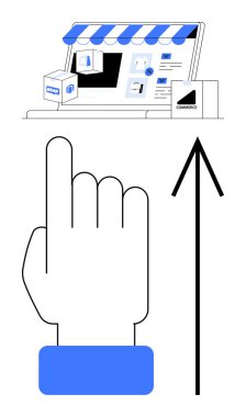Dizüstü bilgisayara işaret eden işaret parmağı kaldırılmış bir el. Online mağaza, alışveriş torbası ve grafik simgeleri. E-ticaret, çevrimiçi alışveriş, büyüme, dijital pazarlama, web, v10 geliştirme için ideal