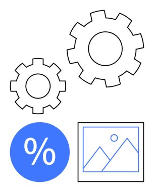 Hareket halindeki dişliler, mavi dairedeki yüzde işareti ve siyah hatlı minimalist manzara resmi. Kavramların ideali verimliliği, finansal analizleri, veri görselleştirmesini, optimizasyonu
