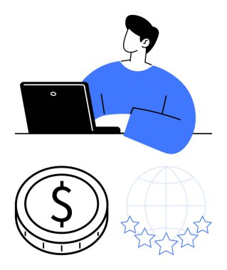 Dizüstü bilgisayar, bozuk para, küresel derecelendirme yıldızları kullanan biri. Finans, çevrimiçi ticaret, uluslararası ticaret, uzaktan çalışma, dijital ekonomi, e-ticaret soyut düz metafor için ideal