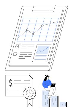 Kadın, dizüstü bilgisayar kullanarak bar çizelgelerinde oturuyor. İçinde finansal veriler, çizgi grafiği, kutular, büyüme tablosu olan büyük bir pano. İş stratejisi, mali analiz, veri sunumu ve yatırım için ideal