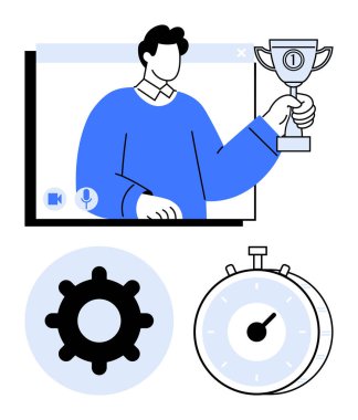 Elinde kupa tutarken sanal bir toplantıda başarıyı kutlayan kişi. Üretkenlik için teçhizat ve zaman yönetimi için kronometre içerir. Takım çalışması, başarı, verimlilik ve zaman için ideal.